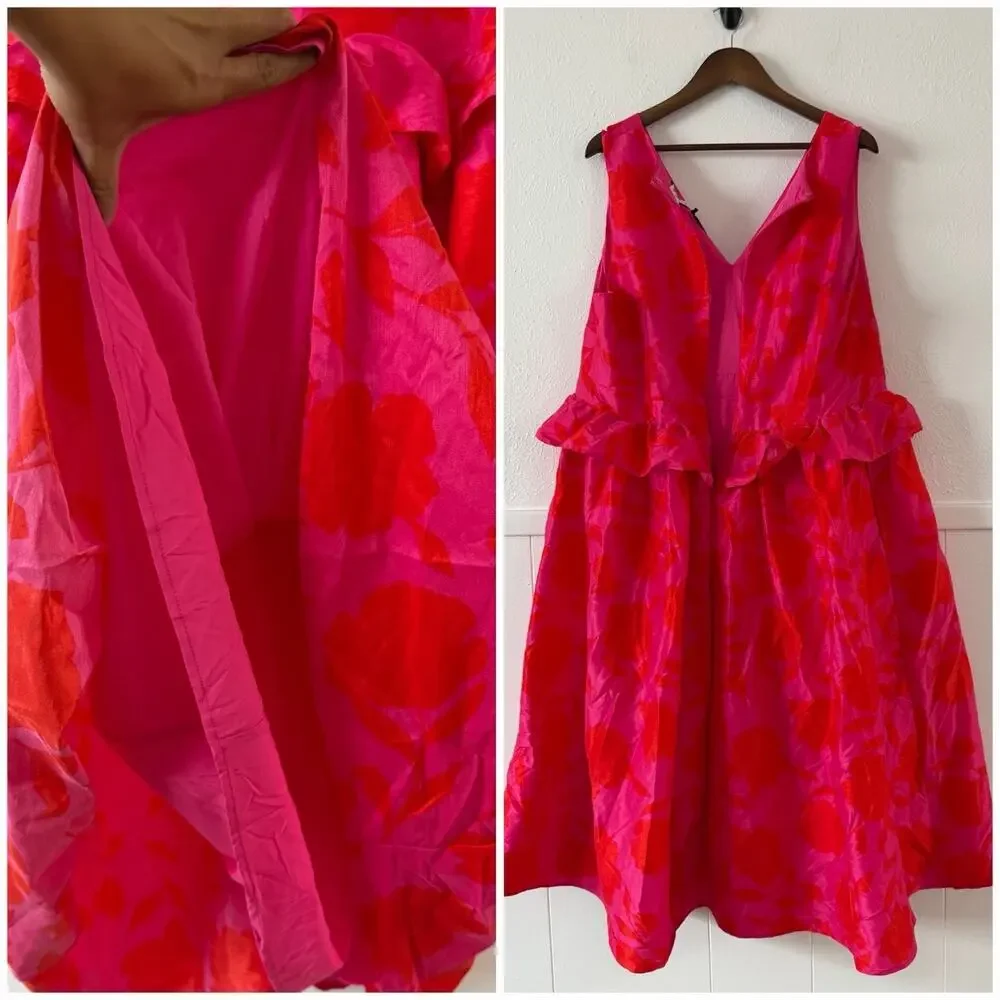 Kate Spade New York NWT Floral Jacquard Midi Dress 17 Pink Red Ruffle Waist - Picture 6 of 10